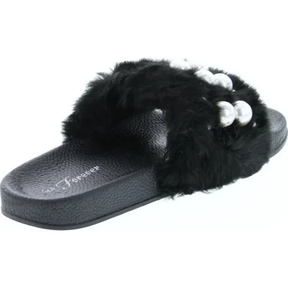 Black Slides Faux Fur and Pearl sandals NWT size 10 - Picture 4 of 9